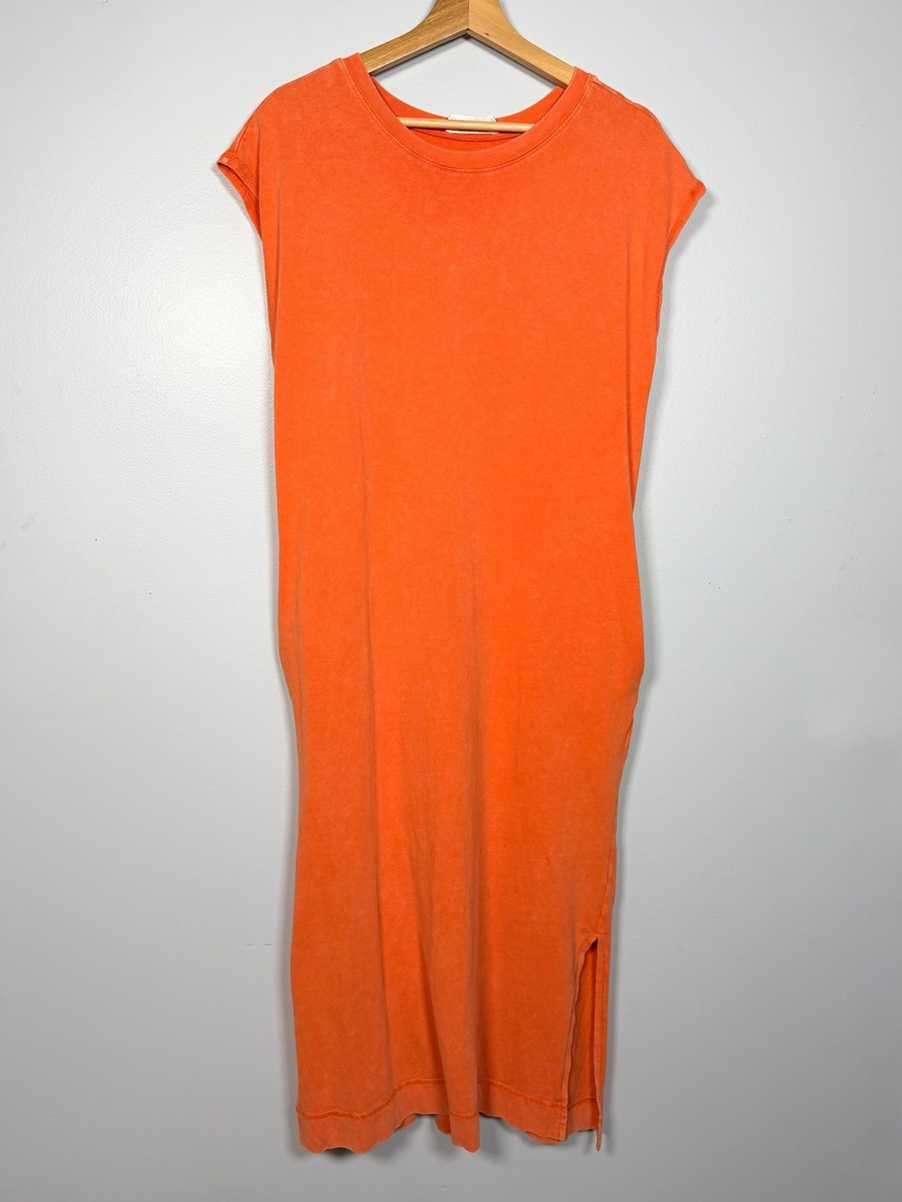 Double Zero Orange 100% Cotton Midi Side Slit T Shirt Dress Pockets Small - Picture 2 of 10
